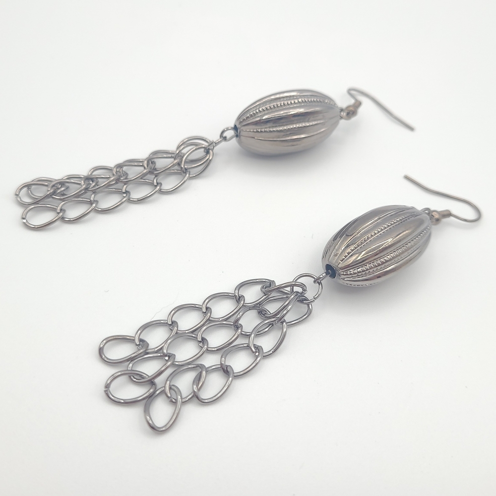 Vintage Silver Tone Chain Fringe Dangle Earrings - Picture 2 of 6